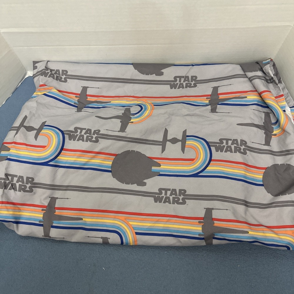 Star Wars 40th Anniversary Gray w/Multicolor Striped Vehicle Queen Flat Sheet